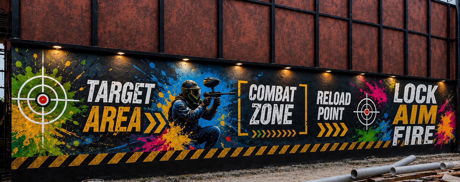 The paintball combat-zone mural, a kneeling marksman between splashes of paint