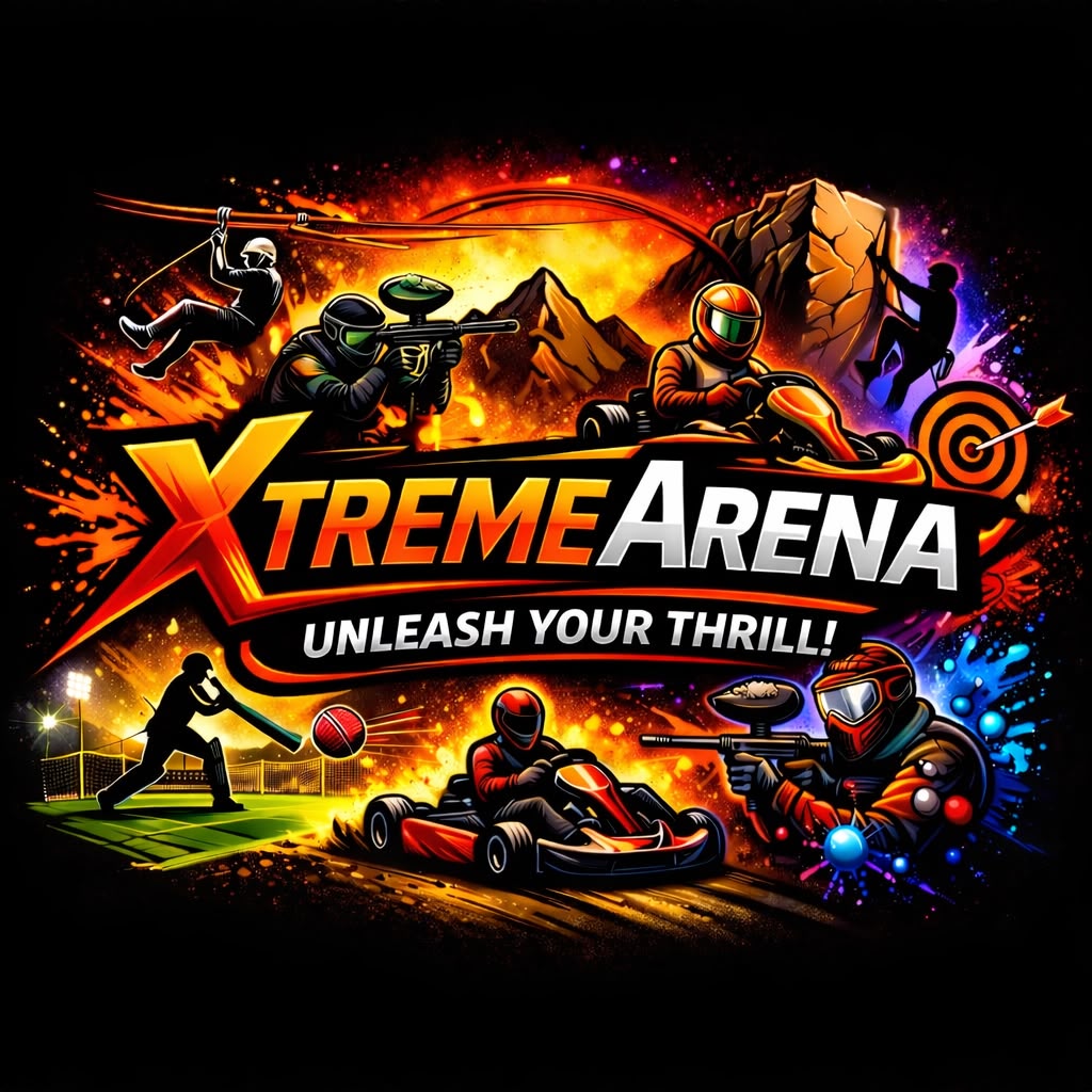 The Xtreme Arena logo over a collage of karting, paintball, ziplining, cricket, climbing and archery