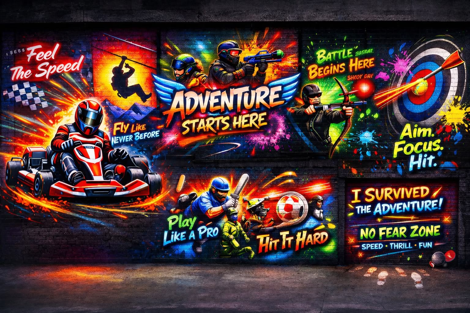 The Adventure Starts Here mural, a graffiti wall running from a kart through zipline, paintball and archery